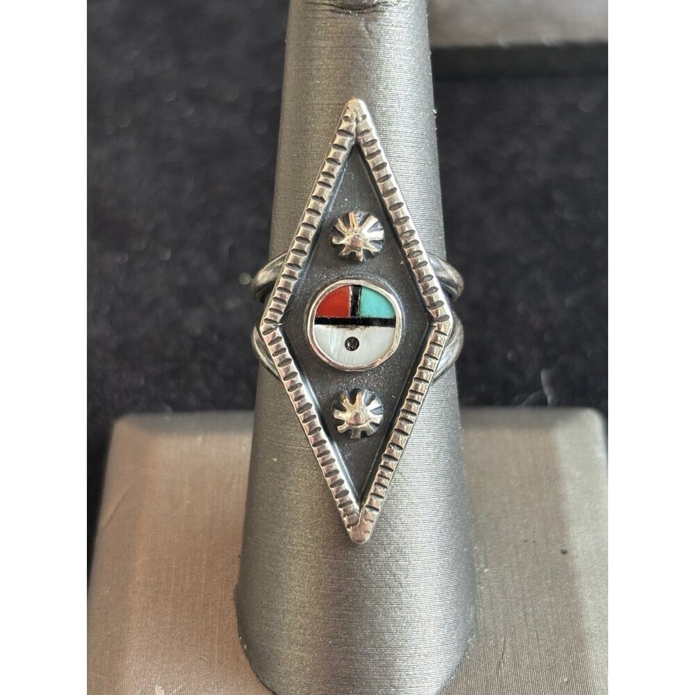 Sterling Silver Southwestern Style Sunface Inlay Diamond Shape Ring Sz 7 6.42g